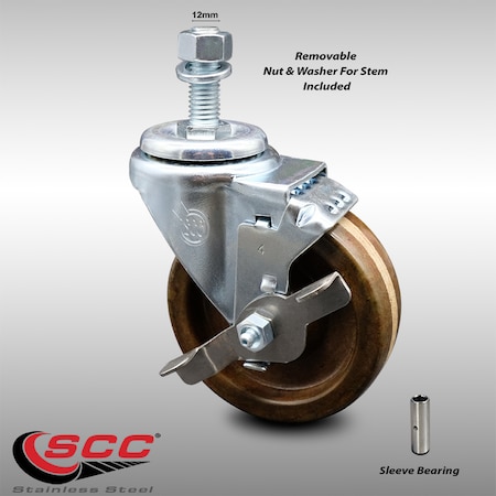 Service Caster 4 Inch SS High Temp Phenolic Swivel 12mm Threaded Stem Caster with Brake SCC SCC-SSTS20S414-PHSHT-TLB-M1215